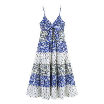 Summer Bow Patchwork Printed Layered Splicing Sling Dress virtual