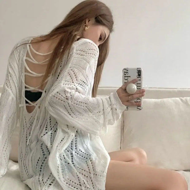 New Hot Girl Hollow Out V-neck Sun Protection Sweater Women virtual