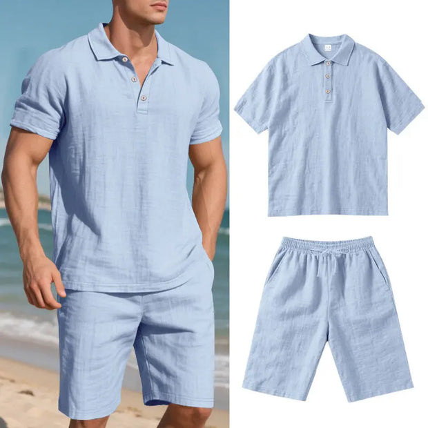 Summer Men's Loose Casual Linen Breathable Short Beach Sleeve Shorts Suit virtual