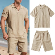 Summer Men's Loose Casual Linen Breathable Short Beach Sleeve Shorts Suit virtual