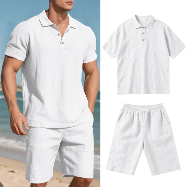 Summer Men's Loose Casual Linen Breathable Short Beach Sleeve Shorts Suit virtual
