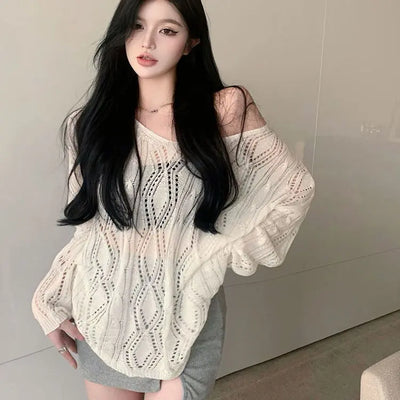 New Hot Girl Hollow Out V-neck Sun Protection Sweater Women virtual