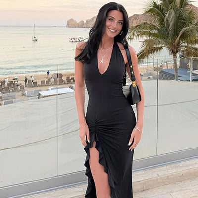 Summer New V-neck Halter Split Sexy Backless Dress Summer