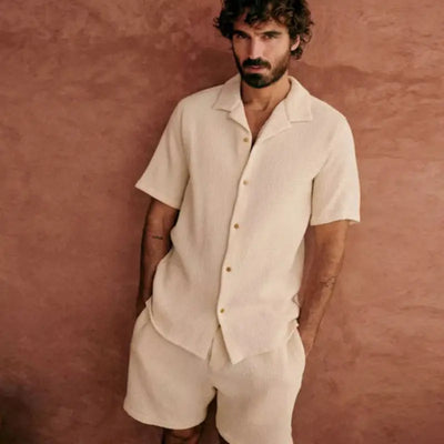 French Men's Waffle Loose Cuban Collar Shirt Shorts Two-piece Suit virtual