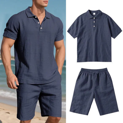 Summer Men's Loose Casual Linen Breathable Short Beach Sleeve Shorts Suit virtual