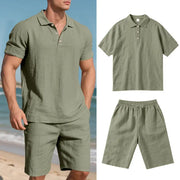 Summer Men's Loose Casual Linen Breathable Short Beach Sleeve Shorts Suit virtual