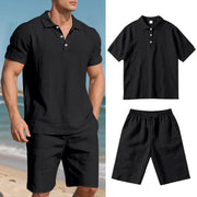 Summer Men's Loose Casual Linen Breathable Short Beach Sleeve Shorts Suit virtual