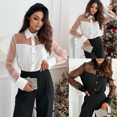 Elegant Solid Color Polo Collar Long Sleeve Mesh Stitching Shirt For Women virtual