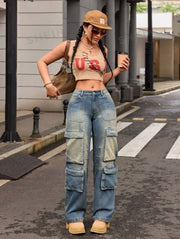 Retro Nostalgic Washed Multi-pocket Cargo Pants Straight Jeans virtual