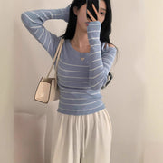Casual Diagonal Collar Off-the-shoulder Strap Striped Color Matching Sweater Top virtual