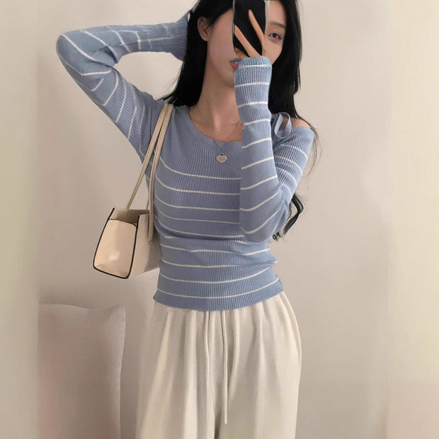 Casual Diagonal Collar Off-the-shoulder Strap Striped Color Matching Sweater Top virtual