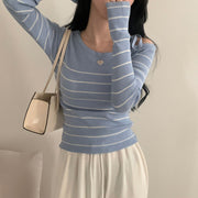 Casual Diagonal Collar Off-the-shoulder Strap Striped Color Matching Sweater Top virtual