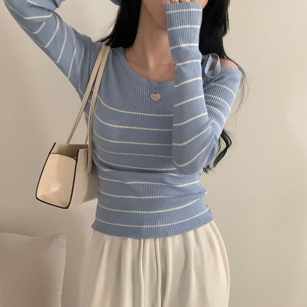 Casual Diagonal Collar Off-the-shoulder Strap Striped Color Matching Sweater Top virtual