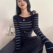 Casual Diagonal Collar Off-the-shoulder Strap Striped Color Matching Sweater Top virtual