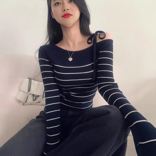 Casual Diagonal Collar Off-the-shoulder Strap Striped Color Matching Sweater Top virtual