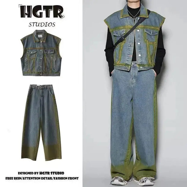 Spray Color Gradient Distressed Vest Coat Jeans Suit virtual