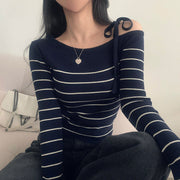 Casual Diagonal Collar Off-the-shoulder Strap Striped Color Matching Sweater Top virtual