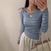 Casual Diagonal Collar Off-the-shoulder Strap Striped Color Matching Sweater Top virtual