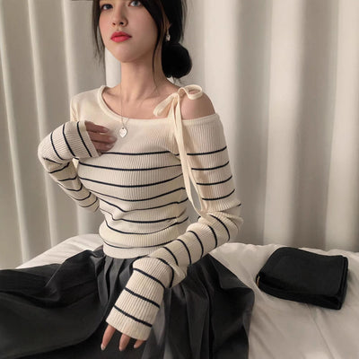 Casual Diagonal Collar Off-the-shoulder Strap Striped Color Matching Sweater Top virtual