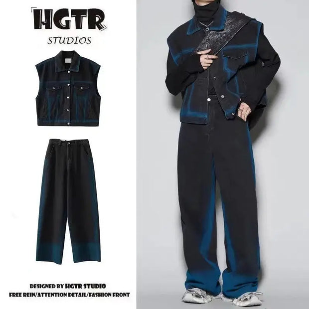 Spray Color Gradient Distressed Vest Coat Jeans Suit virtual