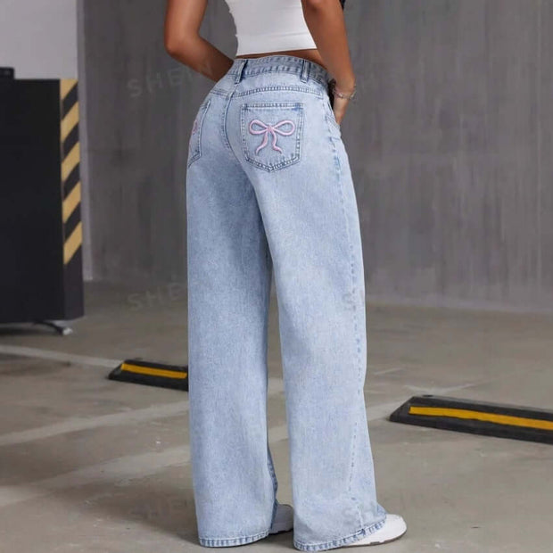 Vintage Bow Embroidered Washed Jeans virtual