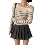 Casual Diagonal Collar Off-the-shoulder Strap Striped Color Matching Sweater Top virtual
