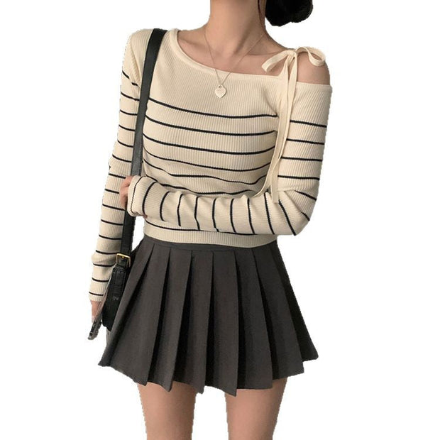 Casual Diagonal Collar Off-the-shoulder Strap Striped Color Matching Sweater Top virtual