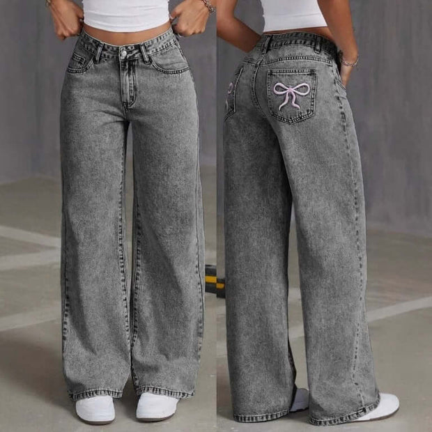 Vintage Bow Embroidered Washed Jeans virtual