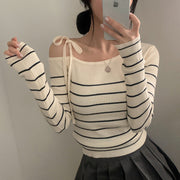 Casual Diagonal Collar Off-the-shoulder Strap Striped Color Matching Sweater Top virtual