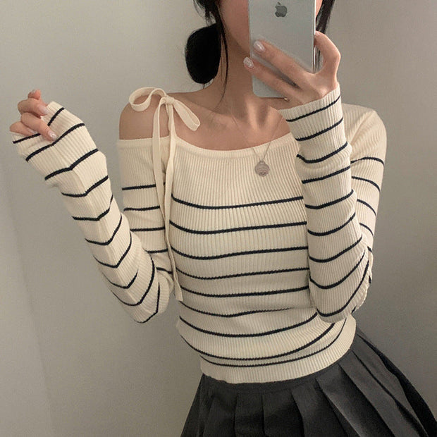 Casual Diagonal Collar Off-the-shoulder Strap Striped Color Matching Sweater Top virtual