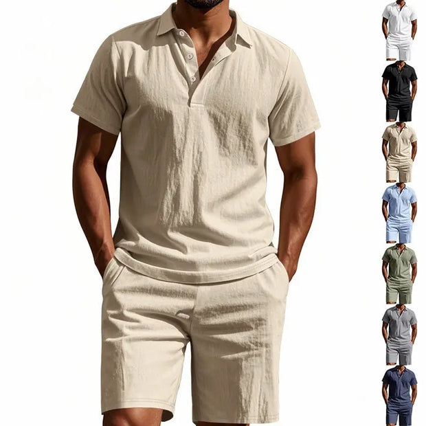 Summer Men's Loose Casual Linen Breathable Short Beach Sleeve Shorts Suit virtual