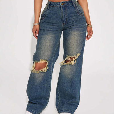 Retro Heavy-duty Washed Knee Ripped Wide-legged Jeans virtual
