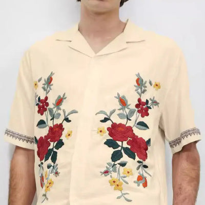 Summer Casual Loose Short Sleeves Vintage Print Lapel Men's Shirt virtual