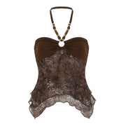 Spaghetti Straps Irregular Hem Mesh Stitching Vest virtual