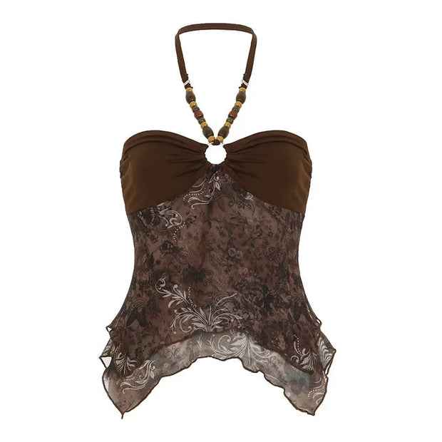 Spaghetti Straps Irregular Hem Mesh Stitching Vest virtual