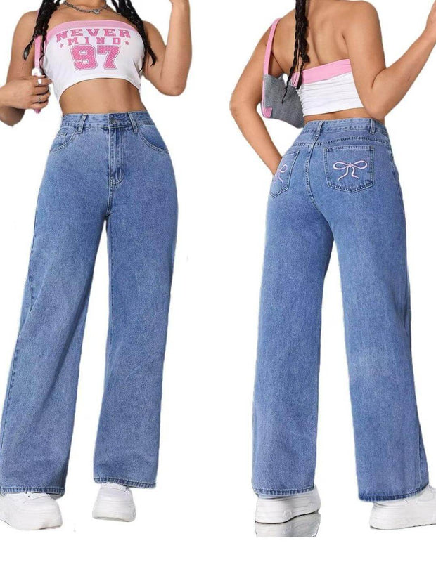 Vintage Bow Embroidered Washed Jeans virtual