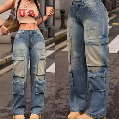Retro Nostalgic Washed Multi-pocket Cargo Pants Straight Jeans virtual