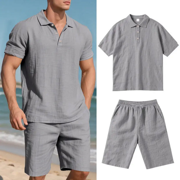 Summer Men's Loose Casual Linen Breathable Short Beach Sleeve Shorts Suit virtual